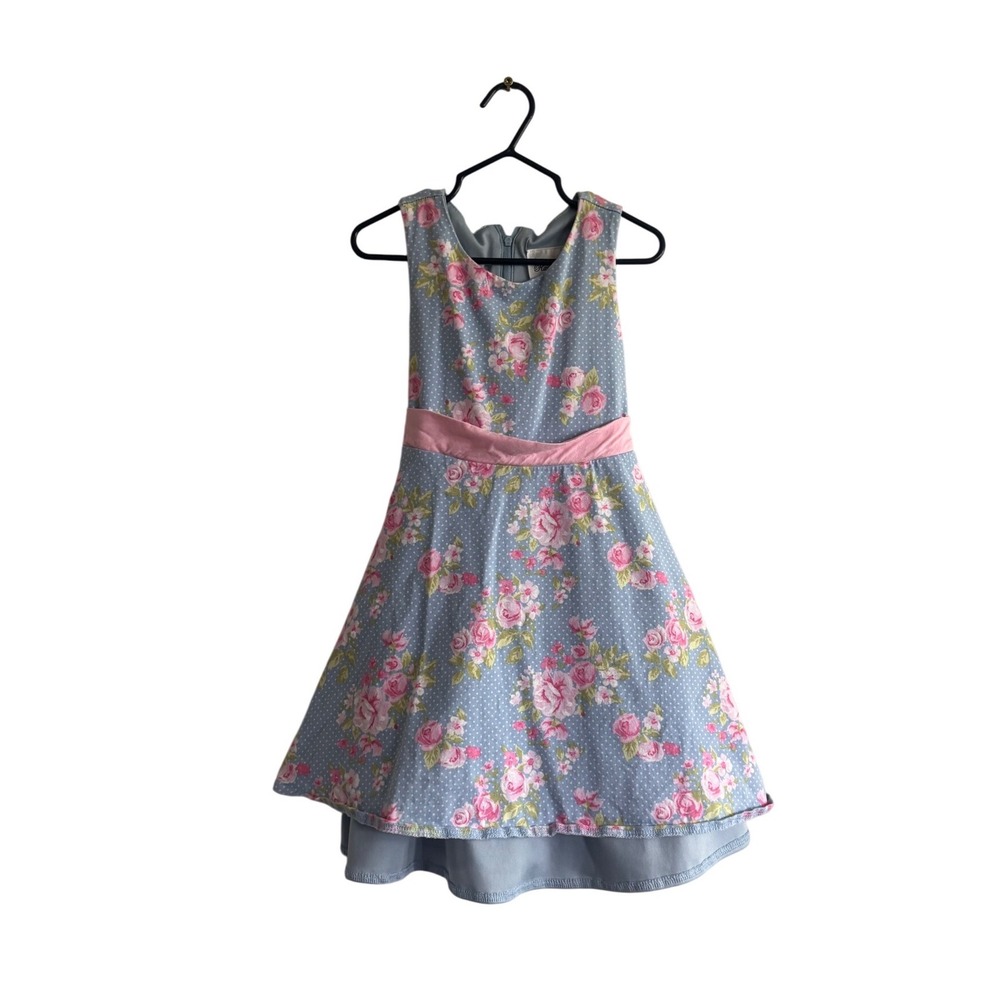 Rare Editions Girls Blue Pink Floral Polka Dot Dress Size 6